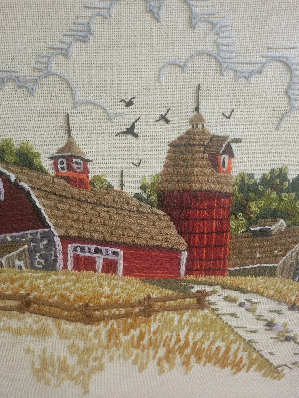 Framed Red Barn Embroidery Wall Art